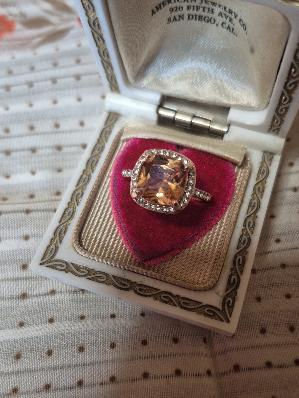 Vintage-Inspired Champagne Halo Ring with Pavé Band -